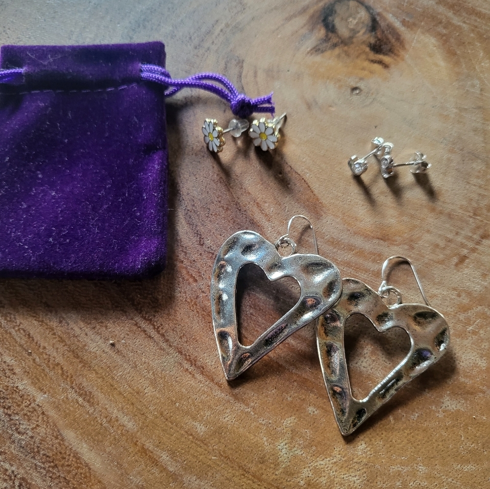 3 Earring Set Heart Dangle, Daisy, Sterling Silver Heart CZ